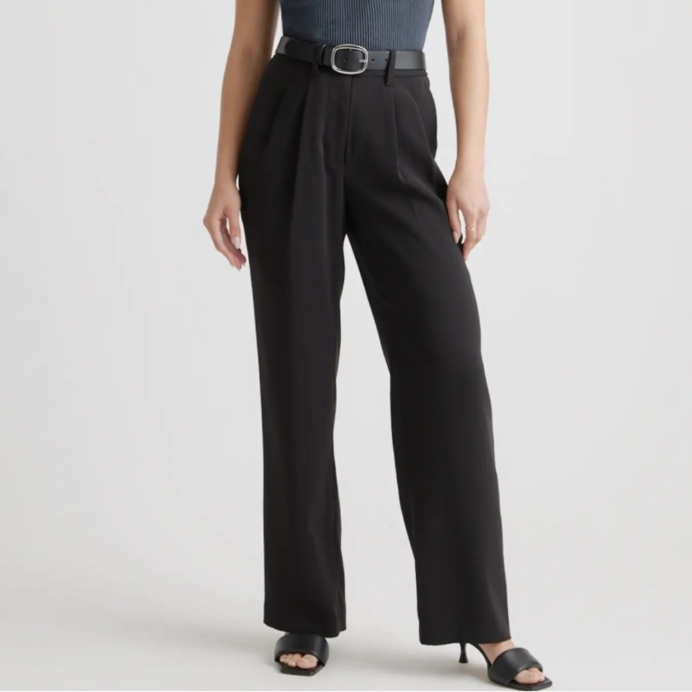 Quince Stretch‎ Crepe Pleated Wide Leg Pants Trousers Black 2